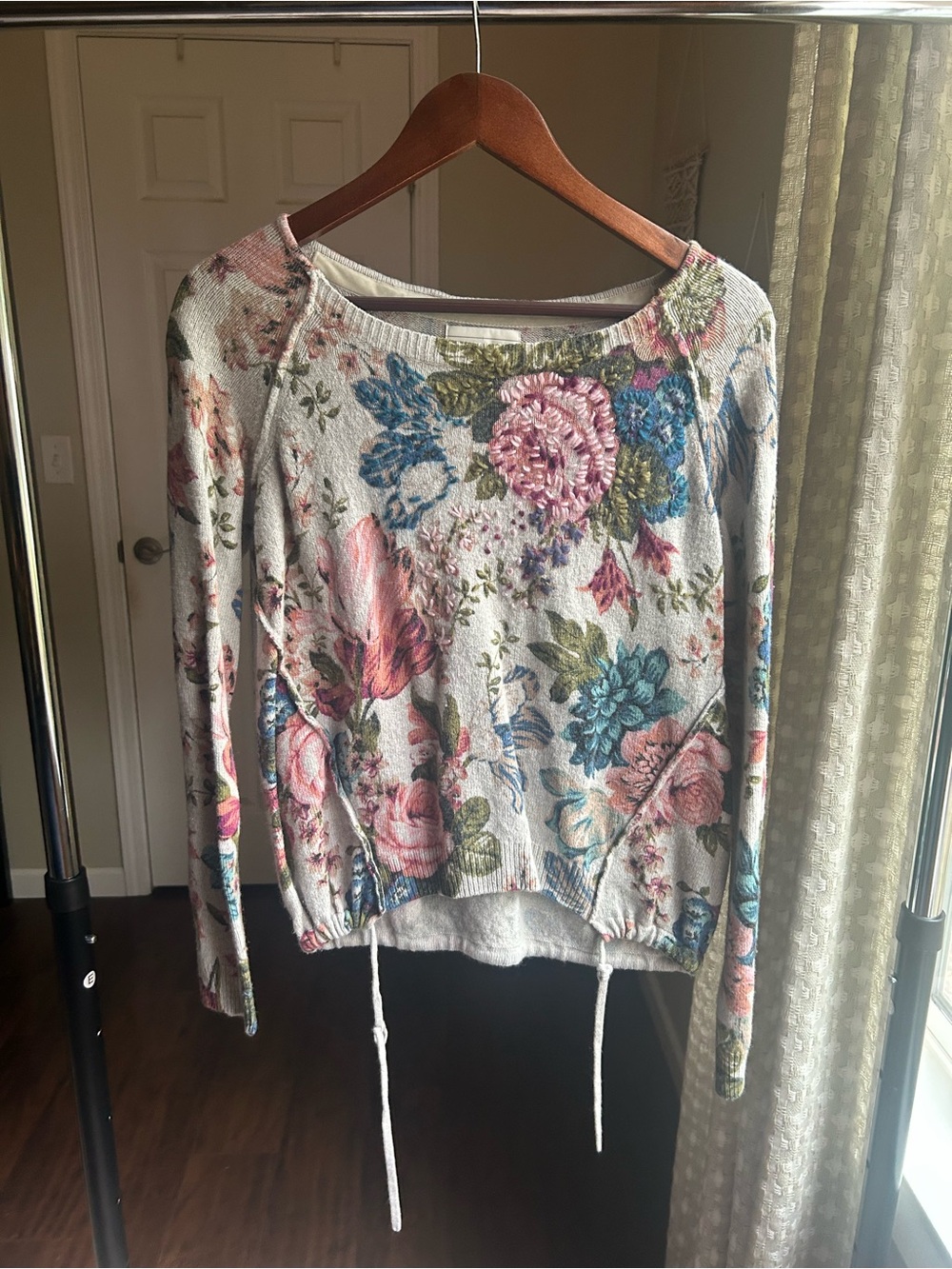 Angel Of The North Cream Floral Drawstring Hem Sweater with Pink & Blue Flowers